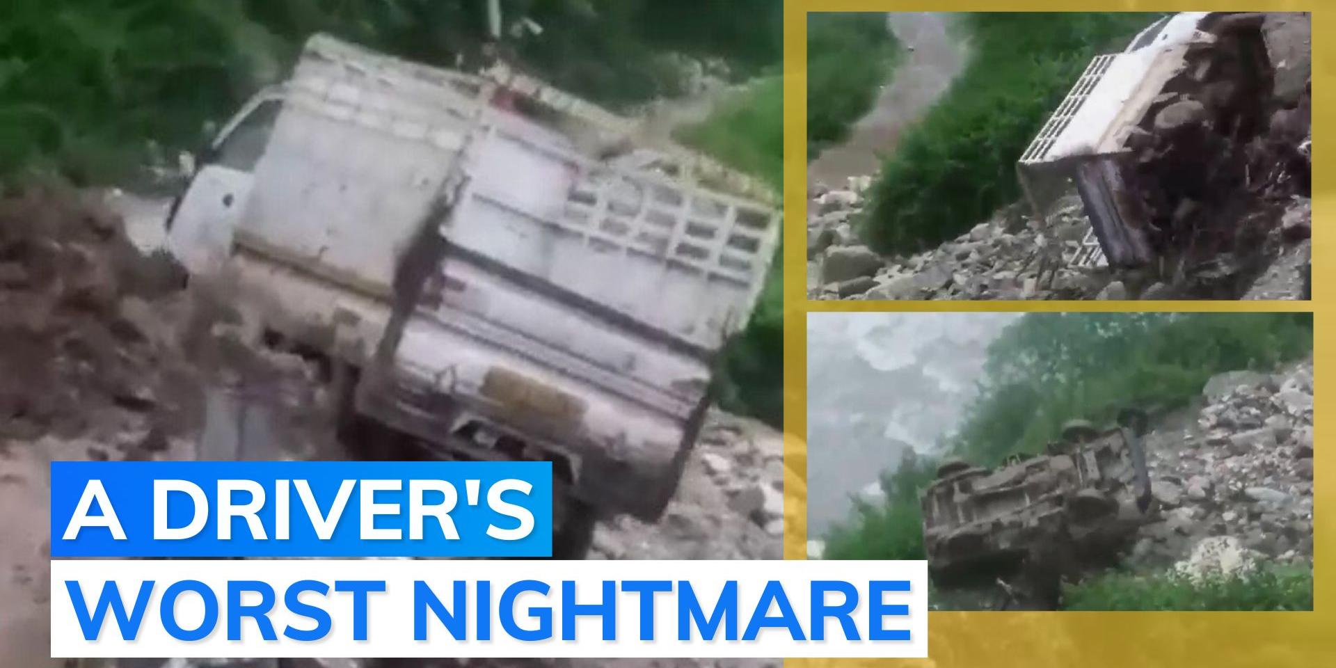 On cam Tempo falls off cliff while trying to cross landslidehit road